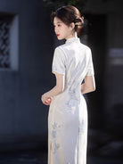 Beth and Brian Qipao-LSB Floral and bamboo leaf pattern, white midi Cheongsam