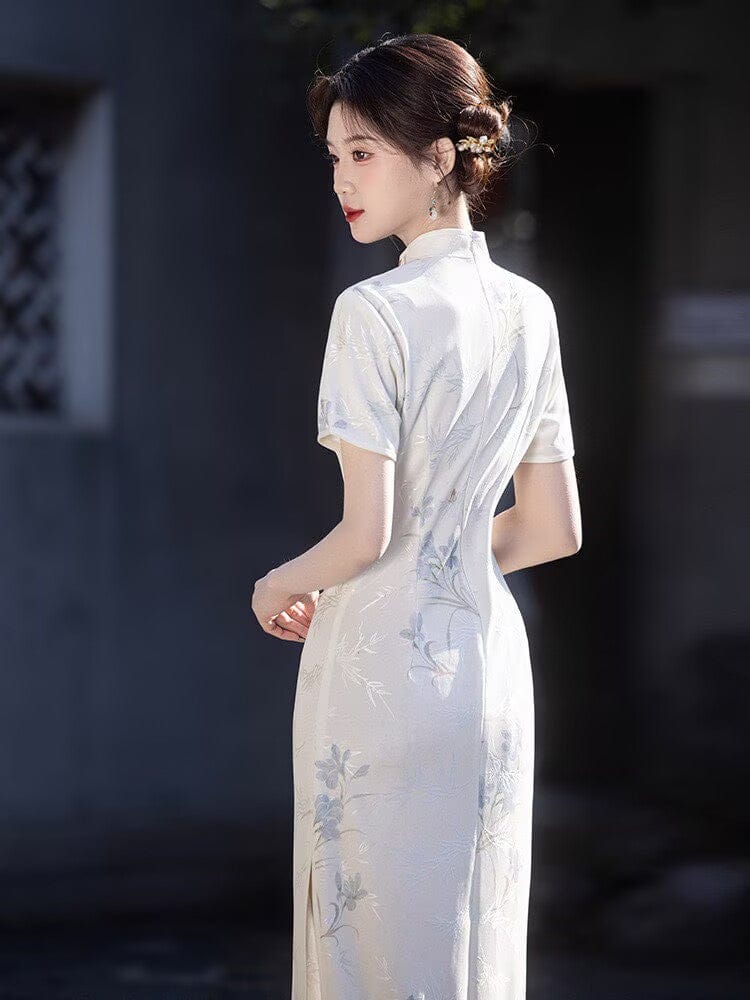 Beth and Brian Qipao-LSB Floral and bamboo leaf pattern, white midi Cheongsam
