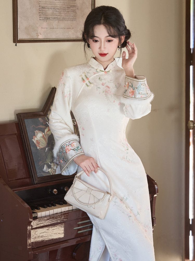 Beth and Brian Qipao-LSB Floral pattern, white midi Cheongsam with long sleeves