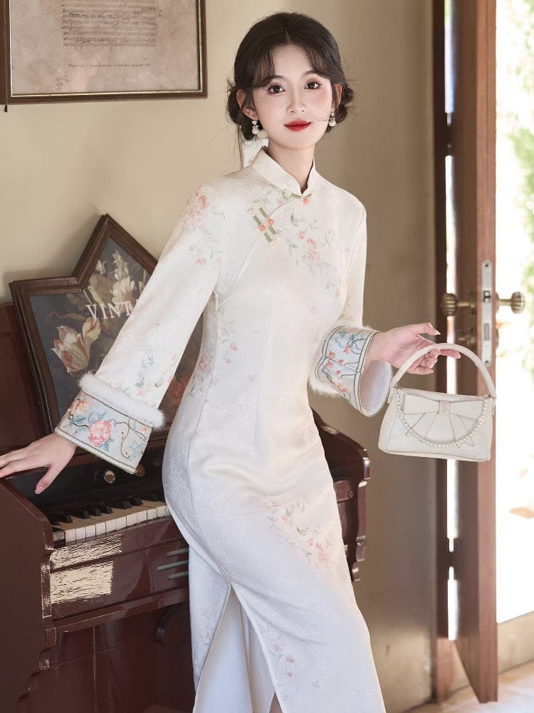 Beth and Brian Qipao-LSB Floral pattern, white midi Cheongsam with long sleeves