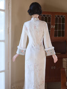 Beth and Brian Qipao-LSB Floral pattern, white midi Cheongsam with long sleeves