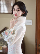 Beth and Brian Qipao-LSB Floral pattern, white midi Cheongsam with long sleeves