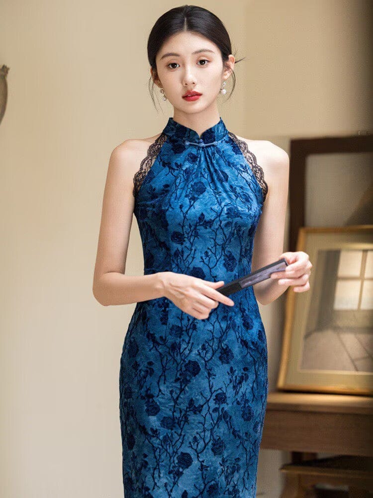 Beth and Brian Qipao-JM Flocking fabric, halter floral midi Cheongsam