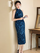 Beth and Brian Qipao-JM Flocking fabric, halter floral midi Cheongsam