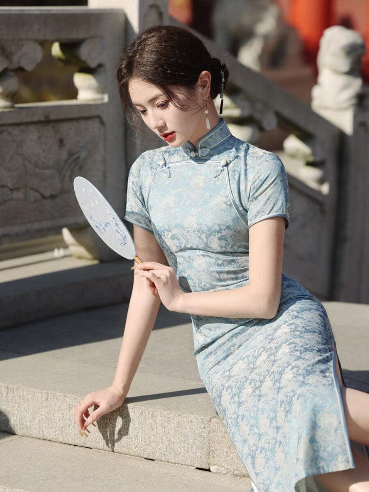 Beth and Brian Qipao-JM Floral pattern, midi Cheongsam with short sleeves