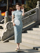 Beth and Brian Qipao-JM Floral pattern, midi Cheongsam with short sleeves