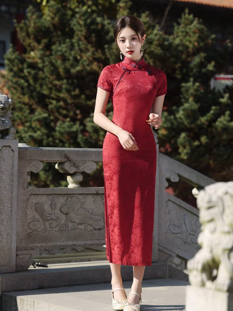 Beth and Brian Qipao-JM Floral pattern, midi Cheongsam with short sleeves