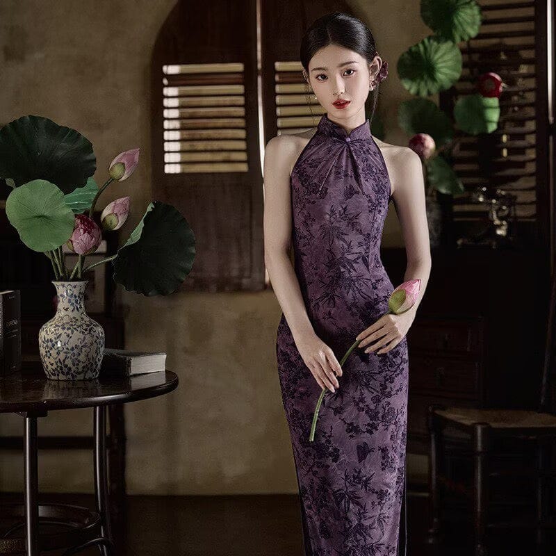 Beth and Brian Qipao-JLM Flocking fabric, halter floral long Cheongsam