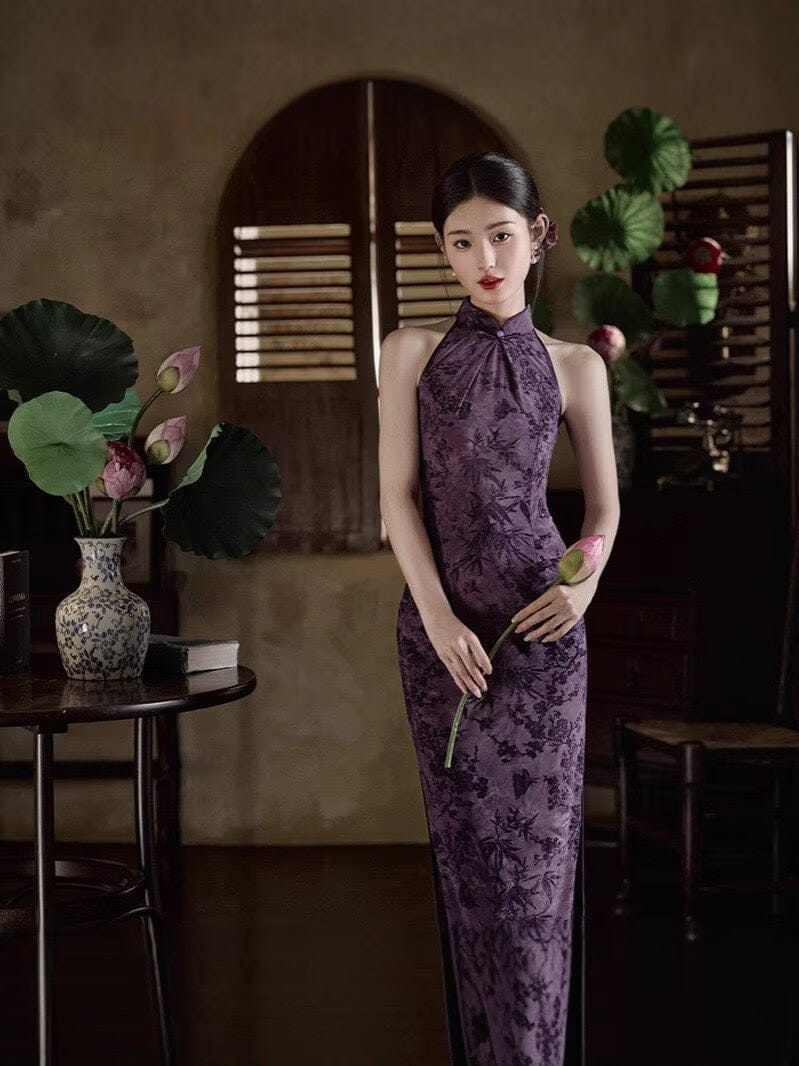 Beth and Brian Qipao-JLM Flocking fabric, halter floral long Cheongsam