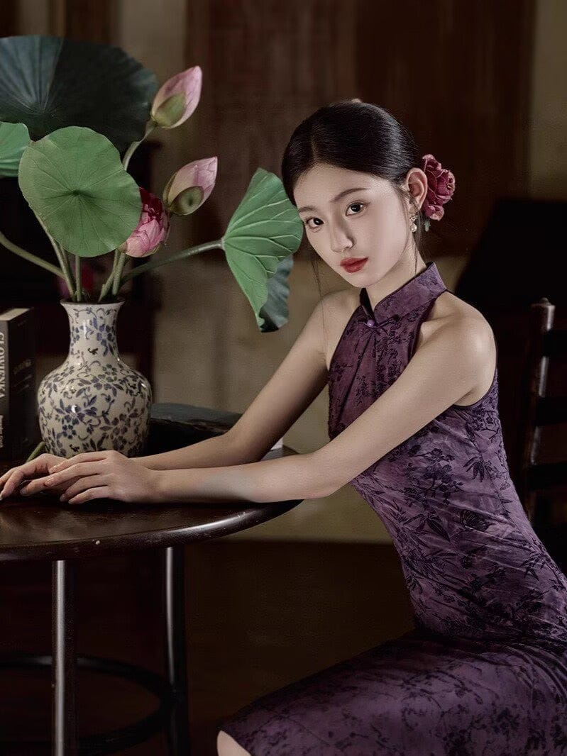 Beth and Brian Qipao-JLM Flocking fabric, halter floral long Cheongsam