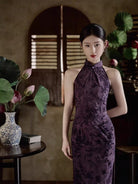 Beth and Brian Qipao-JLM Flocking fabric, halter floral long Cheongsam
