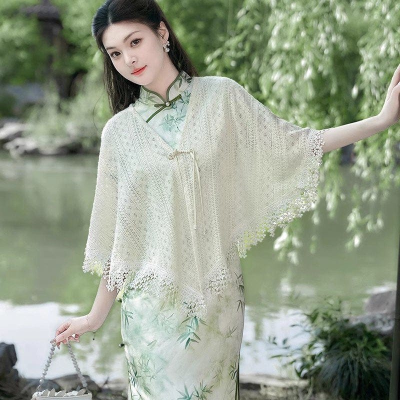 Beth and Brian Qipao-LSB Spring collection, Knit Hollow-out Qipao Shawl