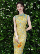 Beth and Brian Qipao-LSB New Chinese style (新中式), floral pattern, yellow long Cheongsam
