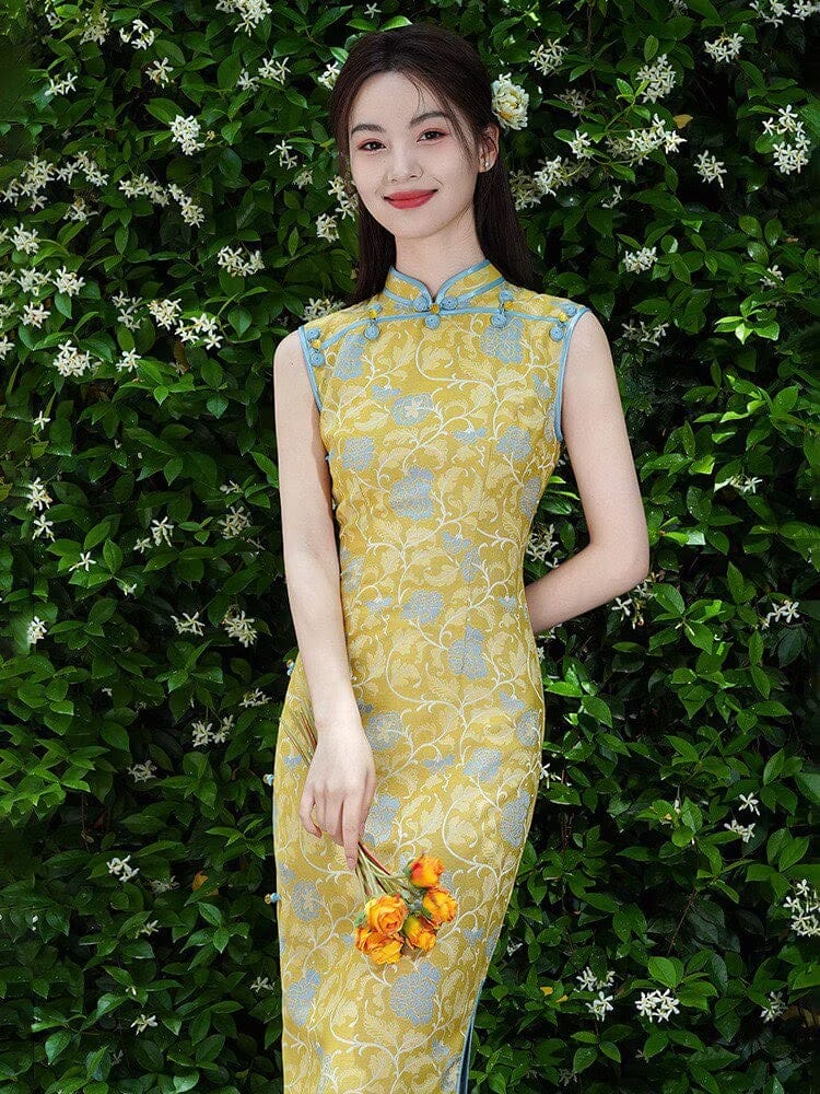Beth and Brian Qipao-LSB New Chinese style (新中式), floral pattern, yellow long Cheongsam