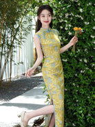Beth and Brian Qipao-LSB New Chinese style (新中式), floral pattern, yellow long Cheongsam