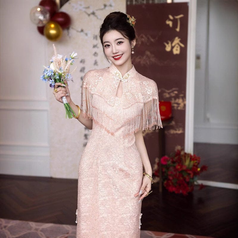 BethandBrianQipao-YX Floral pattern, pink long wedding Cheongsam with shawl set
