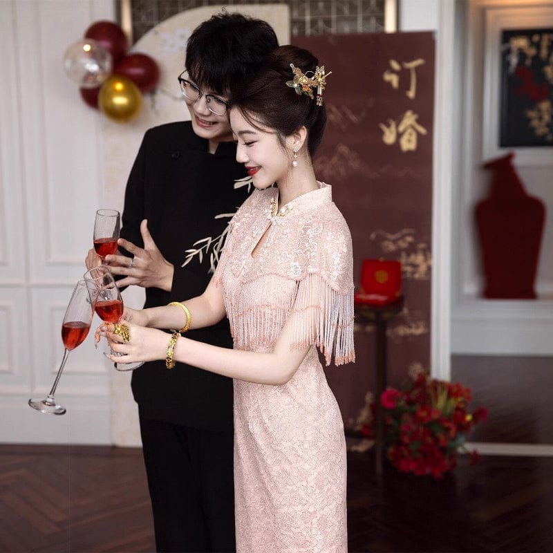BethandBrianQipao-YX Floral pattern, pink long wedding Cheongsam with shawl set