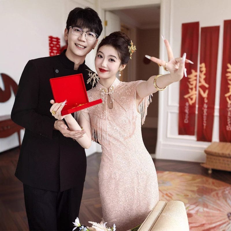 BethandBrianQipao-YX Floral pattern, pink long wedding Cheongsam with shawl set