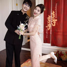 BethandBrianQipao-YX Floral pattern, pink long wedding Cheongsam with shawl set