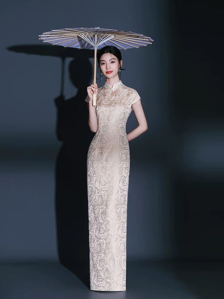 Beth and Brian Qipao-QFL Classical Cheongsam, jacquard satin fabric, long Cheongsam