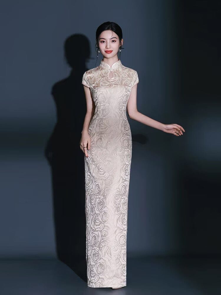 Beth and Brian Qipao-QFL Classical Cheongsam, jacquard satin fabric, long Cheongsam