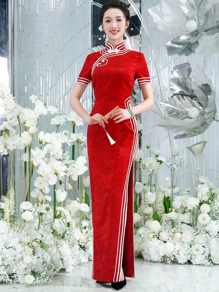 Beth and Brian Qipao-MLL Floral pattern, High-end red long Qipao for mothers