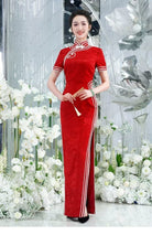 Beth and Brian Qipao-MLL Floral pattern, High-end red long Qipao for mothers