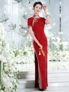 Beth and Brian Qipao-MLL Floral pattern, High-end red long Qipao for mothers