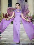 Beth and Brian Qipao-MLL Cap Sleeves, butterfly pattern, purple long Cheongsam for prom