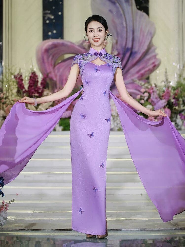 Beth and Brian Qipao-MLL Cap Sleeves, butterfly pattern, purple long Cheongsam for prom