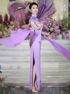 Beth and Brian Qipao-MLL Cap Sleeves, butterfly pattern, purple long Cheongsam for prom