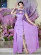 Beth and Brian Qipao-MLL Cap Sleeves, butterfly pattern, purple long Cheongsam for prom