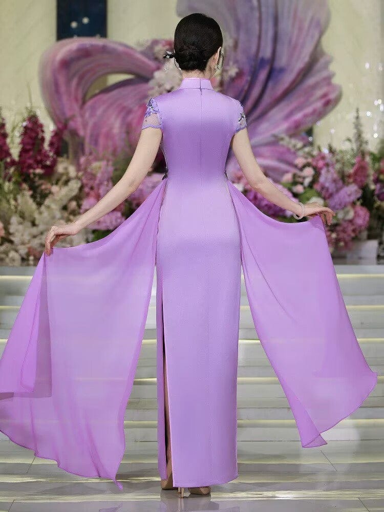 Beth and Brian Qipao-MLL Cap Sleeves, butterfly pattern, purple long Cheongsam for prom