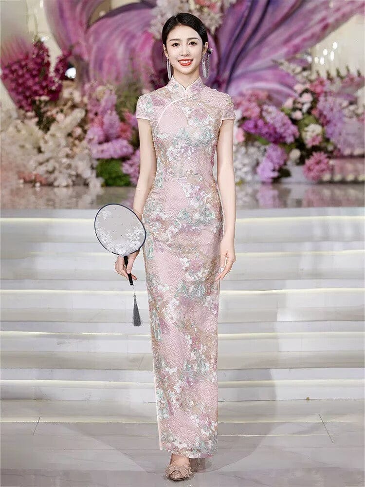 Beth and Brian Qipao-MLL Plus size, Floral pattern, wedding pink long Cheongsam