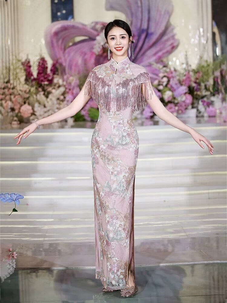 Beth and Brian Qipao-MLL Plus size, Floral pattern, wedding pink long Cheongsam