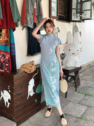 Beth and Brian Qipao-LSB Tencel linen fabric, light blue long Cheongsam