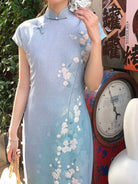 Beth and Brian Qipao-LSB Tencel linen fabric, light blue long Cheongsam