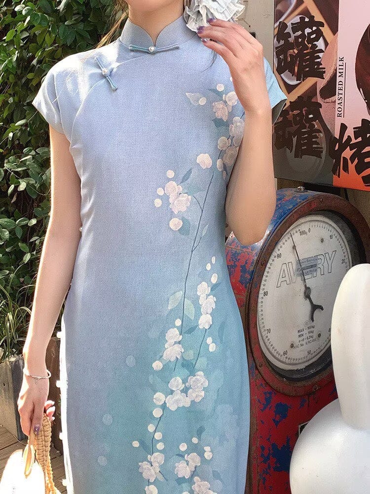 Beth and Brian Qipao-LSB Tencel linen fabric, light blue long Cheongsam