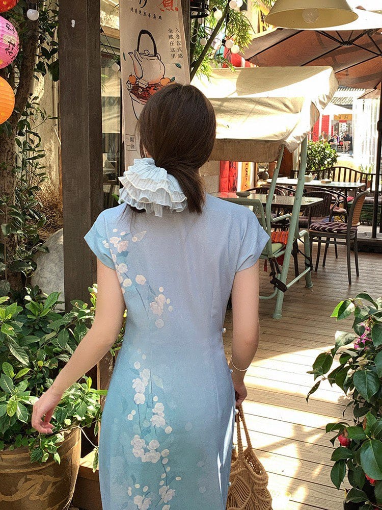 Beth and Brian Qipao-LSB Tencel linen fabric, light blue long Cheongsam