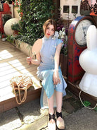 Beth and Brian Qipao-LSB Tencel linen fabric, light blue long Cheongsam