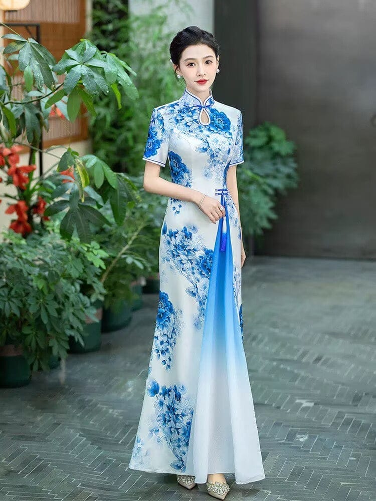 Beth and Brian Qipao-SS Blue and white porcelain pattens, water-drop collar, long Cheongsam