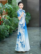 Beth and Brian Qipao-SS Blue and white porcelain pattens, water-drop collar, long Cheongsam