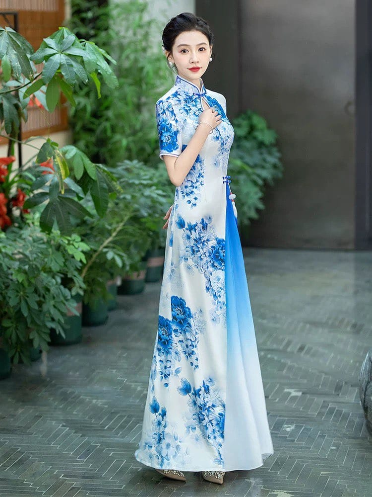 Beth and Brian Qipao-SS Blue and white porcelain pattens, water-drop collar, long Cheongsam