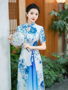 Beth and Brian Qipao-SS Blue and white porcelain pattens, water-drop collar, long Cheongsam