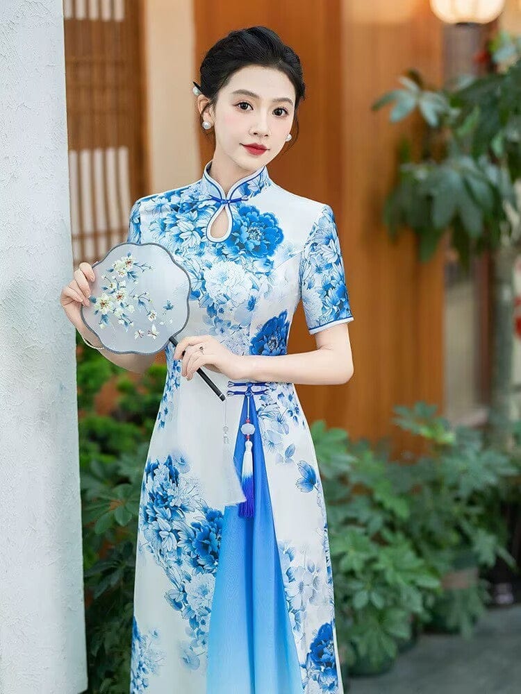 Blue Porcelain-Inspired Qipao Dress, 2XL