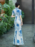 Beth and Brian Qipao-SS Blue and white porcelain pattens, water-drop collar, long Cheongsam