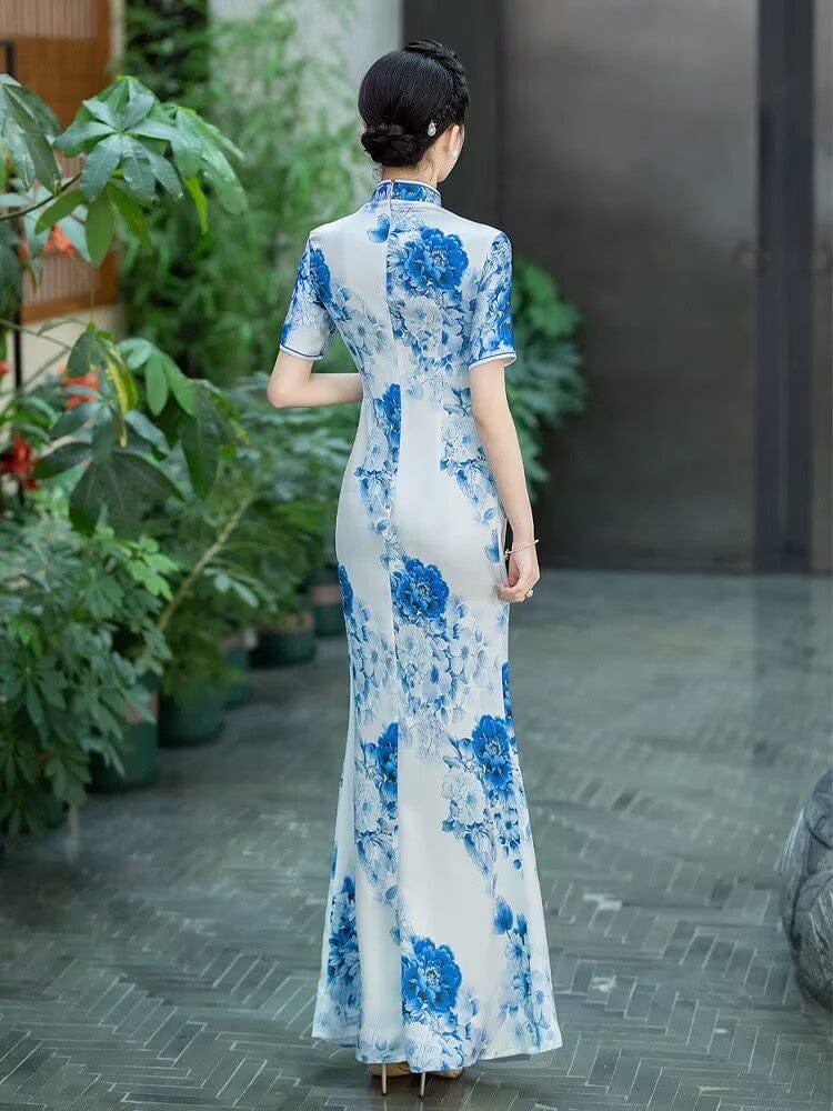 Beth and Brian Qipao-SS Blue and white porcelain pattens, water-drop collar, long Cheongsam