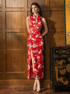 Beth and Brian Qipao-DL Butterfly pattern, Halter floral red long Cheongsam