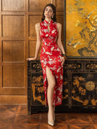Beth and Brian Qipao-DL Butterfly pattern, Halter floral red long Cheongsam