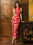 Beth and Brian Qipao-DL Butterfly pattern, Halter floral red long Cheongsam